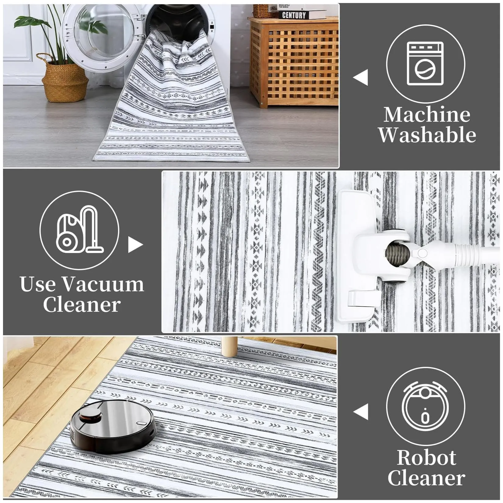 GARVEE Kitchen Rug 2x8 Runner for Hallways Machine Washable Boho Rug Non Skid Rubber Backing Mat for Bedroom & Laundry, Grey