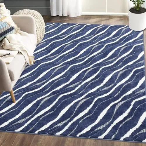 GARVEE Large Area Rug 12x18 Bohemian Modern Contemporary Solid Easy-Cleaning Area Rug Non Shedding Indoor Throw Carpet for Bedroom Living Room, Navy/White