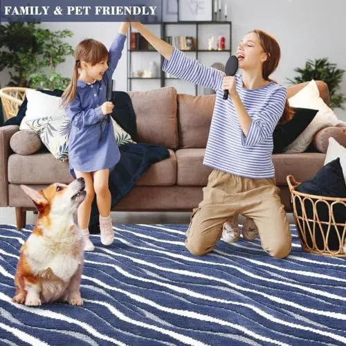 GARVEE Large Area Rug 12x18 Bohemian Modern Contemporary Solid Easy-Cleaning Area Rug Non Shedding Indoor Throw Carpet for Bedroom Living Room, Navy/White