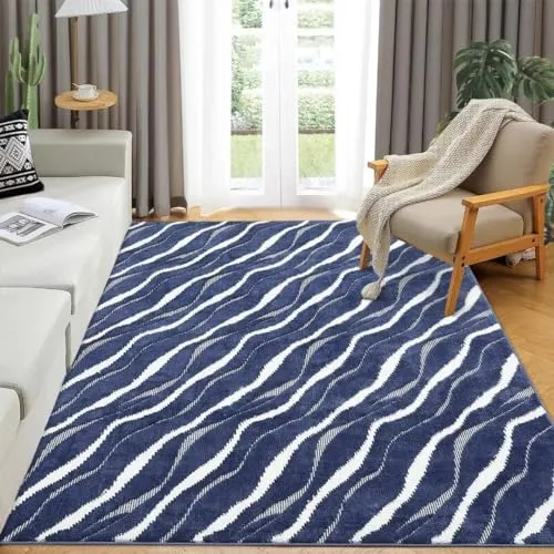 GARVEE Large Area Rug 12x18 Bohemian Modern Contemporary Solid Easy-Cleaning Area Rug Non Shedding Indoor Throw Carpet for Bedroom Living Room, Navy/White