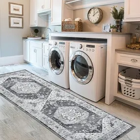 GARVEE Oriental Medallion Area Rug 2x3, Non-Slip Washable Low-Pile Doormat Small Indoor Accent Throw Rug, Floor Carpet for Kitchen Mat Bedroom Entryway Home Decor (Grey, 2x3ft)