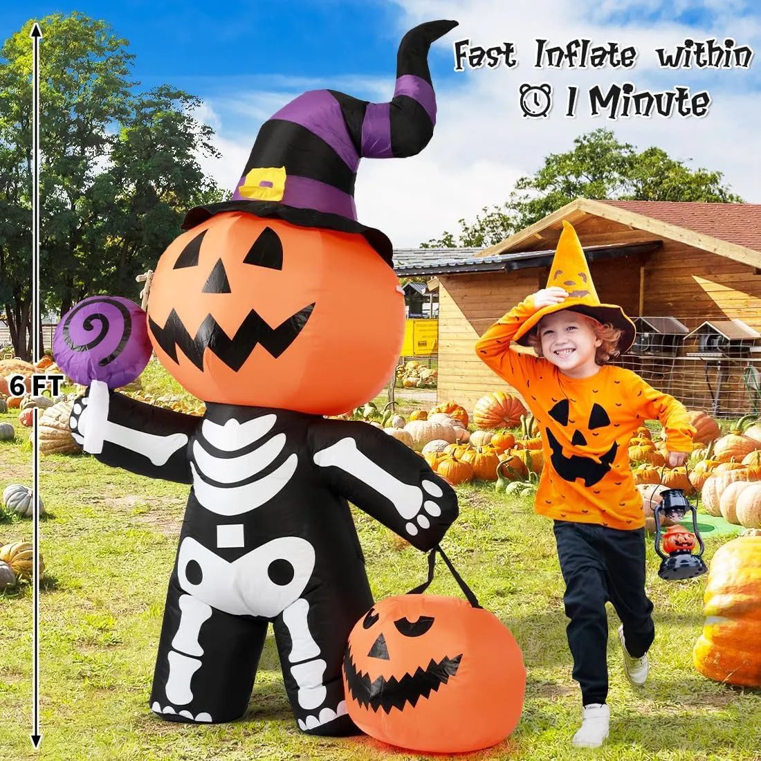 GOOSH 6 FT Height Halloween Inflatable Outdoor Pumpkin with Skull Body