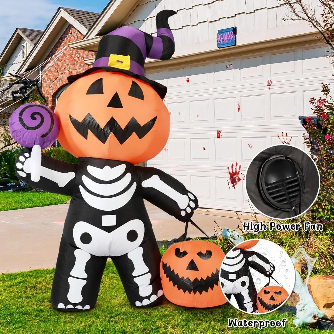 GOOSH 6 FT Height Halloween Inflatable Outdoor Pumpkin with Skull Body