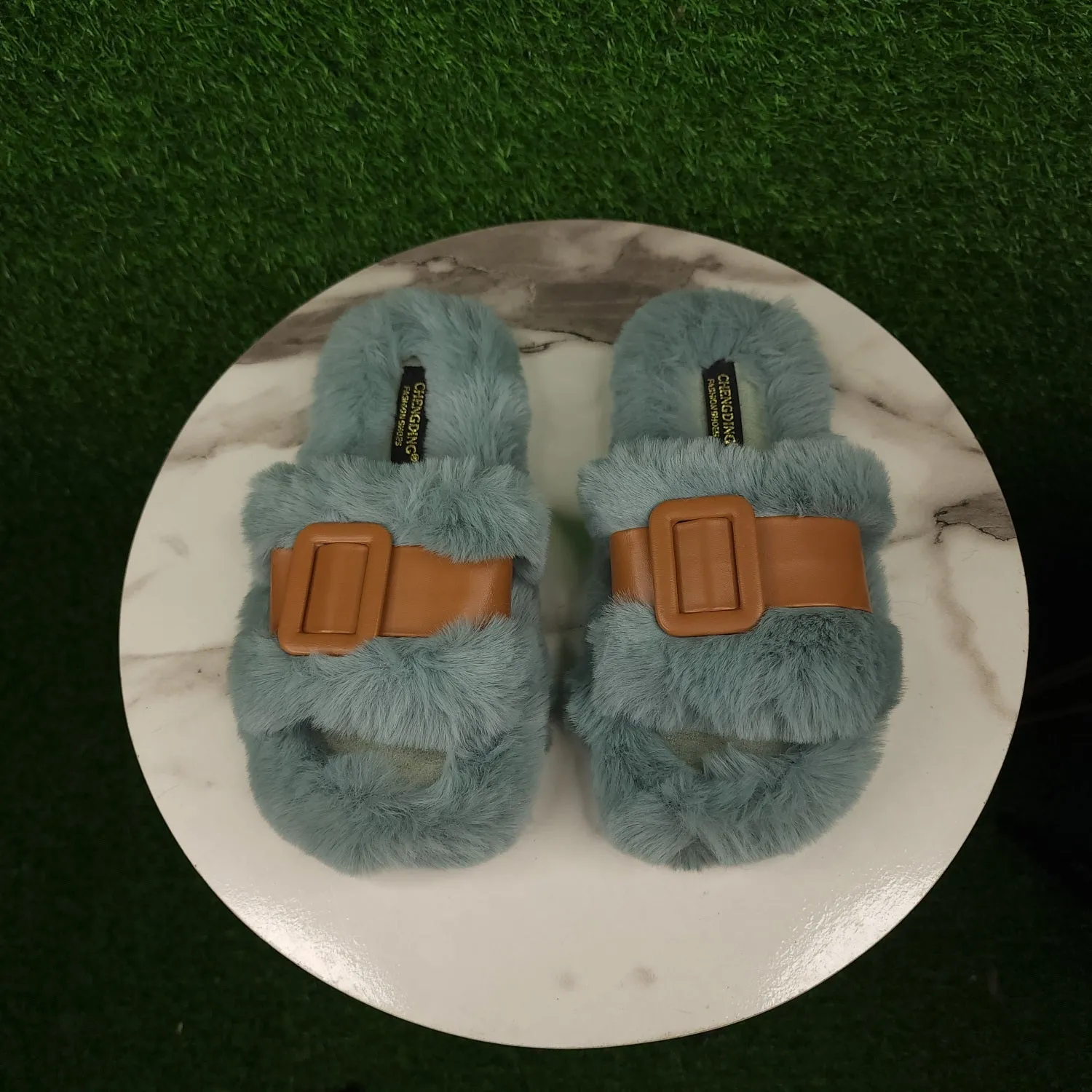 Green Brown Fur Slippers