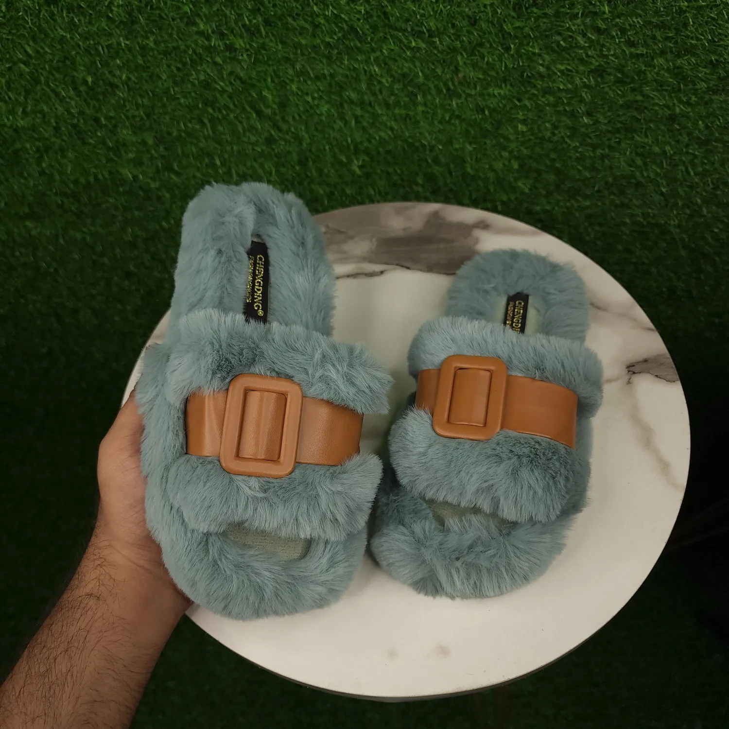 Green Brown Fur Slippers