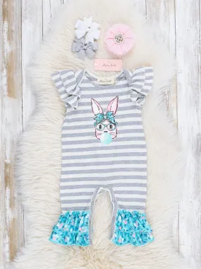 Grey Striped Bubblegum Bunny Ruffle Romper