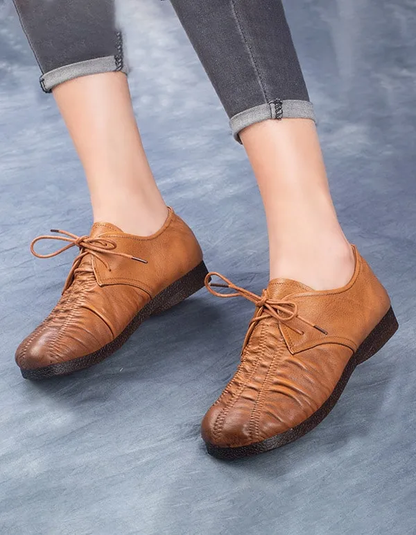 Handmade Pleated Lace Up Retro Flat Shoes