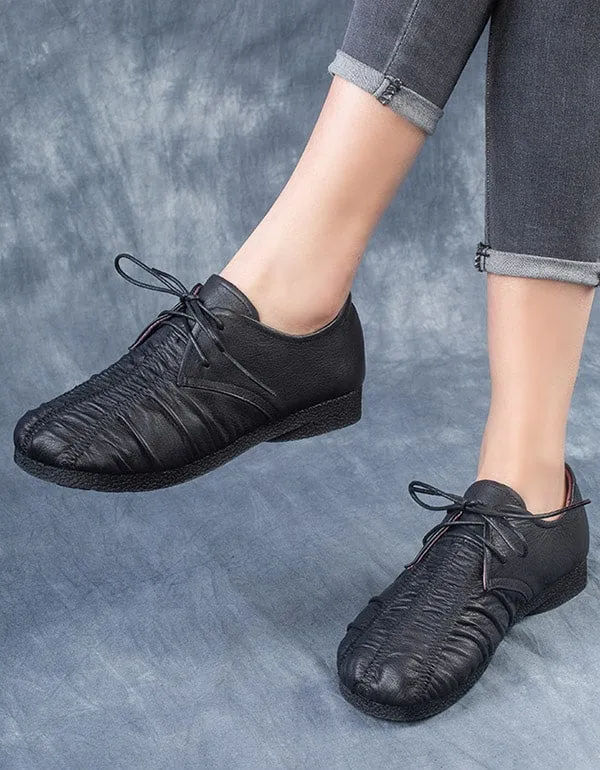 Handmade Pleated Lace Up Retro Flat Shoes