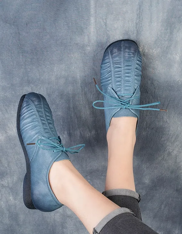 Handmade Pleated Lace Up Retro Flat Shoes