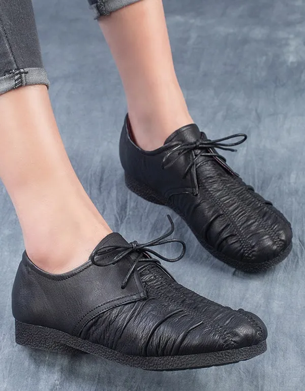 Handmade Pleated Lace Up Retro Flat Shoes