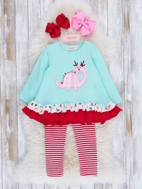 Ice Blue Embroidered Gingham Dino Ruffle Outfit