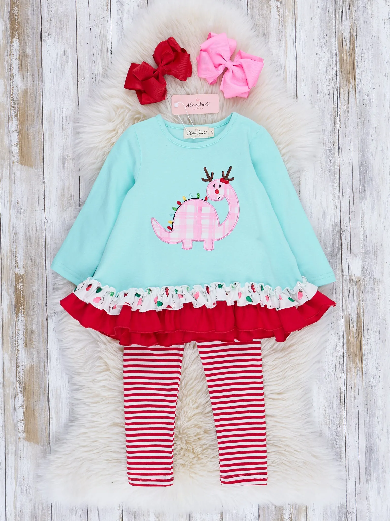 Ice Blue Embroidered Gingham Dino Ruffle Outfit