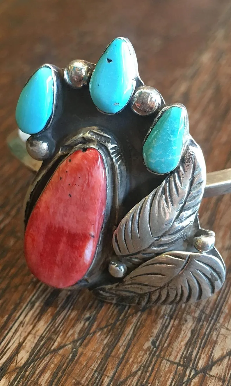 INDIAN SUMMER FB Sterling Silver, Spiny Oyster, and Turquoise Cuff