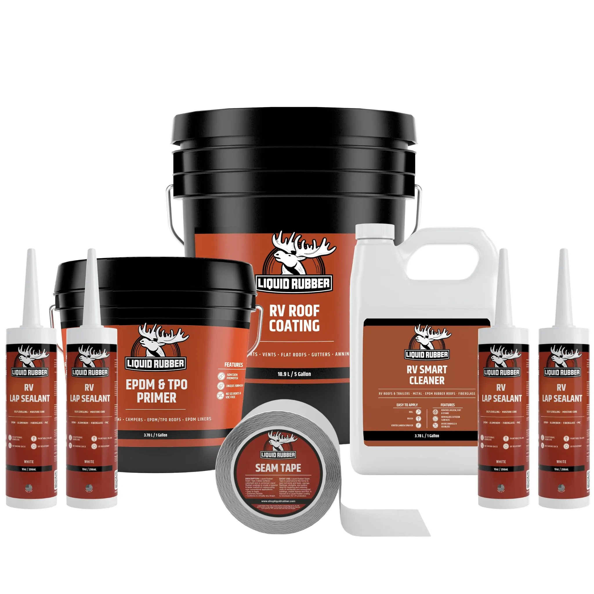 Liquid Rubber RV Roof Coating Solar Reflective Sealant Waterproof Trailer Roof Repair Kit Includes: RV Roof Coating 5 Gallon, EDPM Primer 1g, Smart Cleaner 1 Gallon, Seam Tape, Lap Sealant