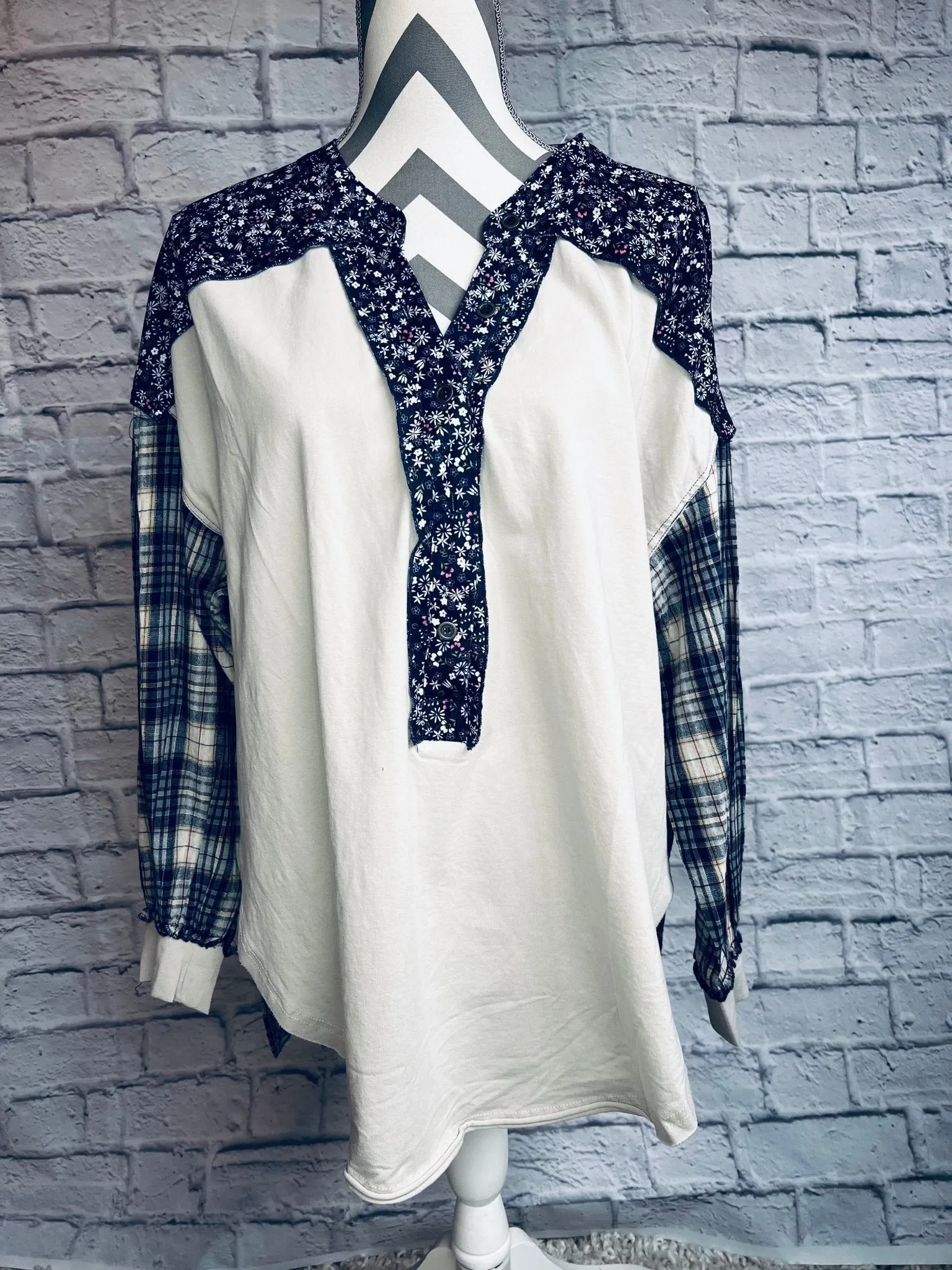 Mixed Print Half Button Pullover