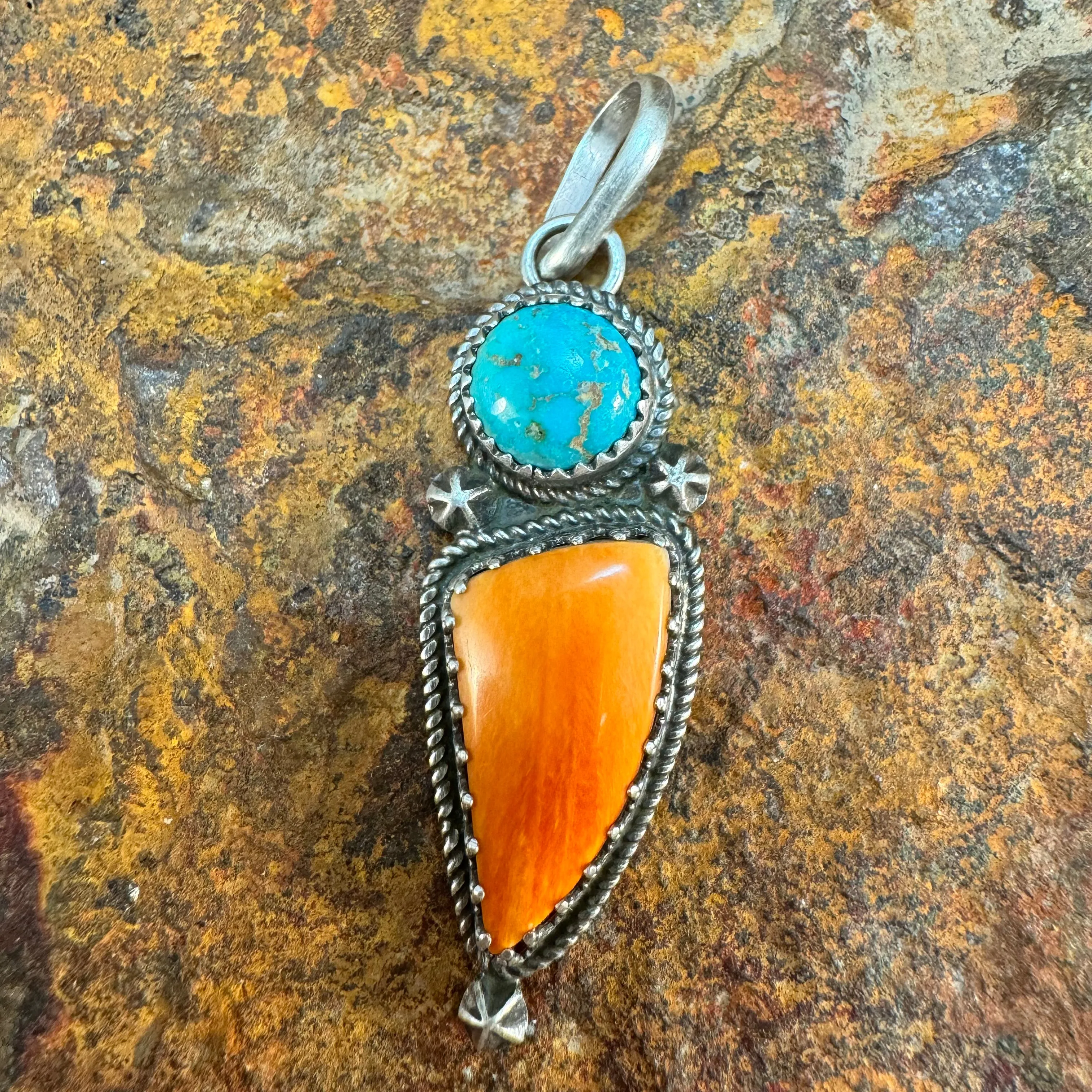 Orange Spiny Oyster & Kingman Turquoise Sterling Silver Pendant by Mary Tso