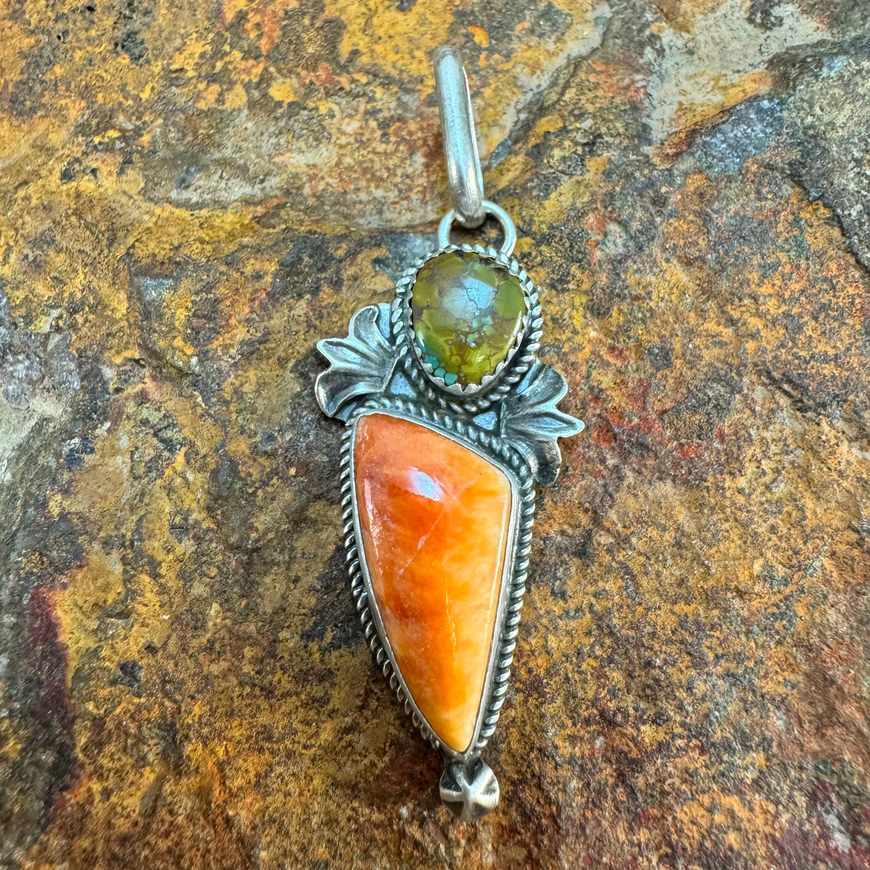 Orange Spiny Oyster & Royston Turquoise Sterling Silver Pendant by Mary Tso