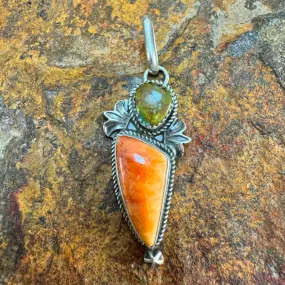 Orange Spiny Oyster & Royston Turquoise Sterling Silver Pendant by Mary Tso