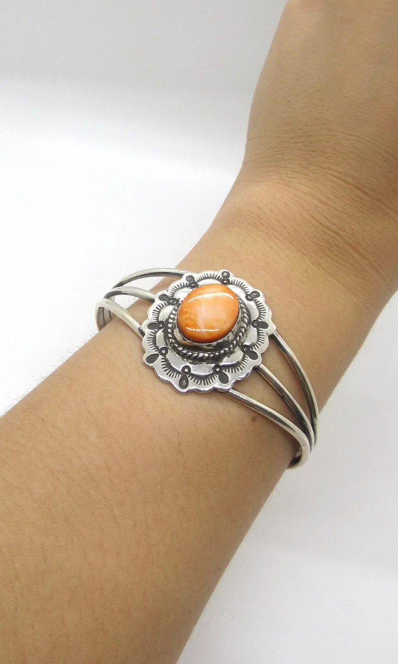 ORANGE ZEST Spiny Oyster Shell & Sterling Silver Concho Cuff