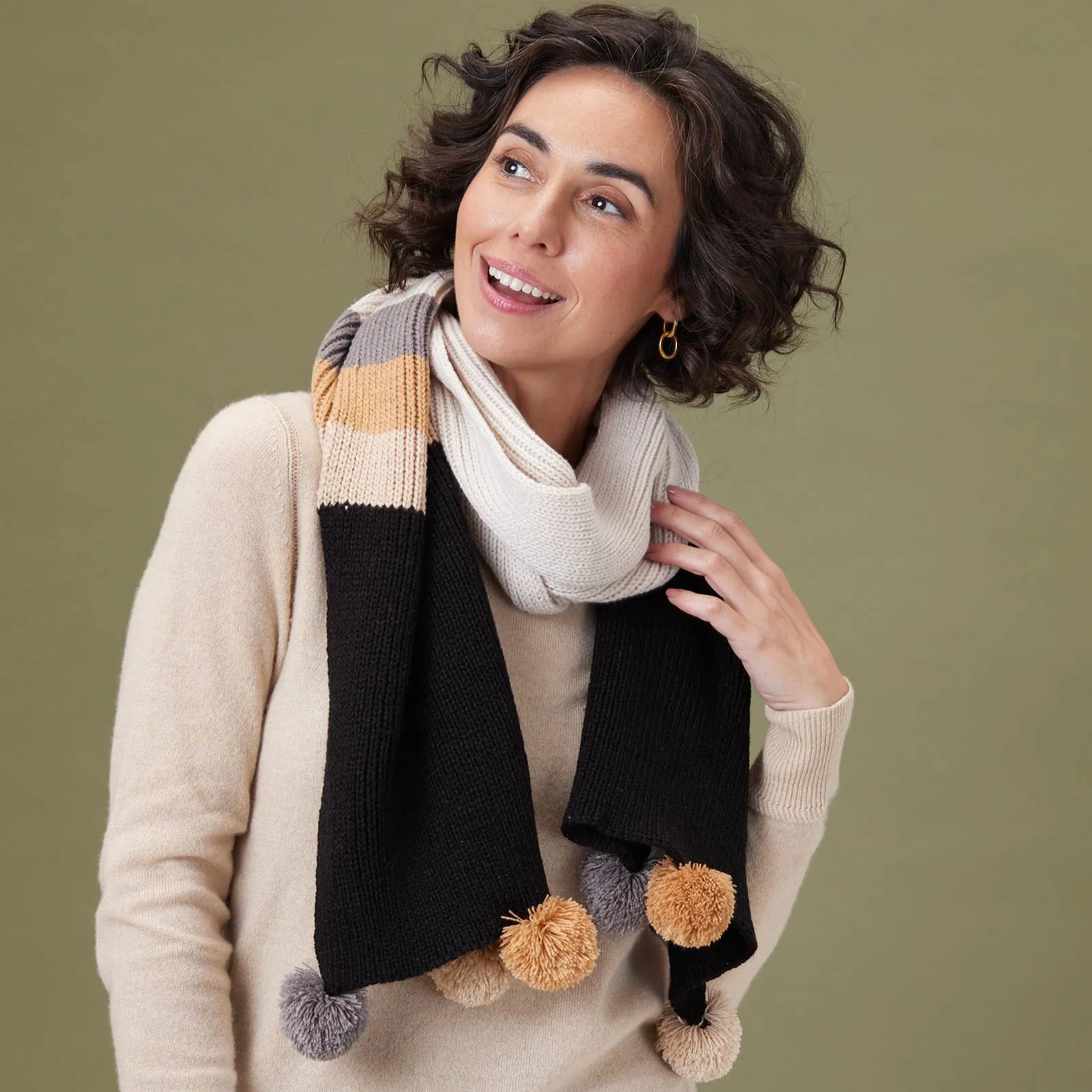 Piccadilly Striped Black and Tan Pom Pom Scarf