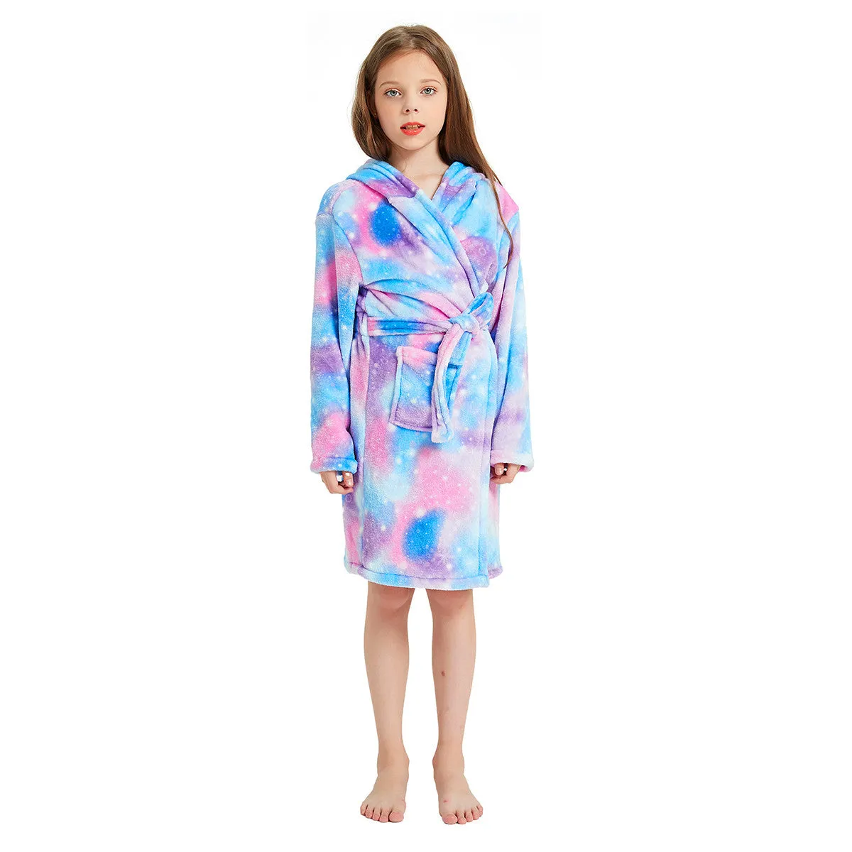 Purple Unicorn with Sparkling Stars Kids Bathrobe