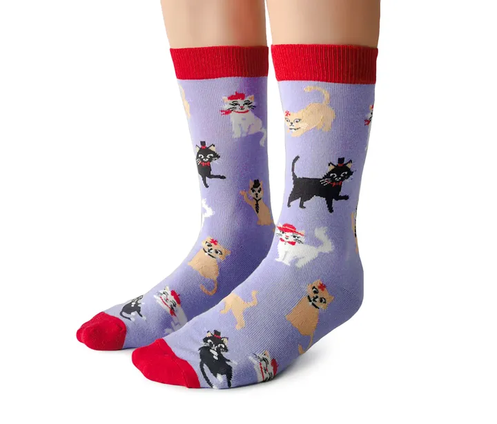 "Cats in Hats" Cotton Crew Socks by Uptown Sox - Medium