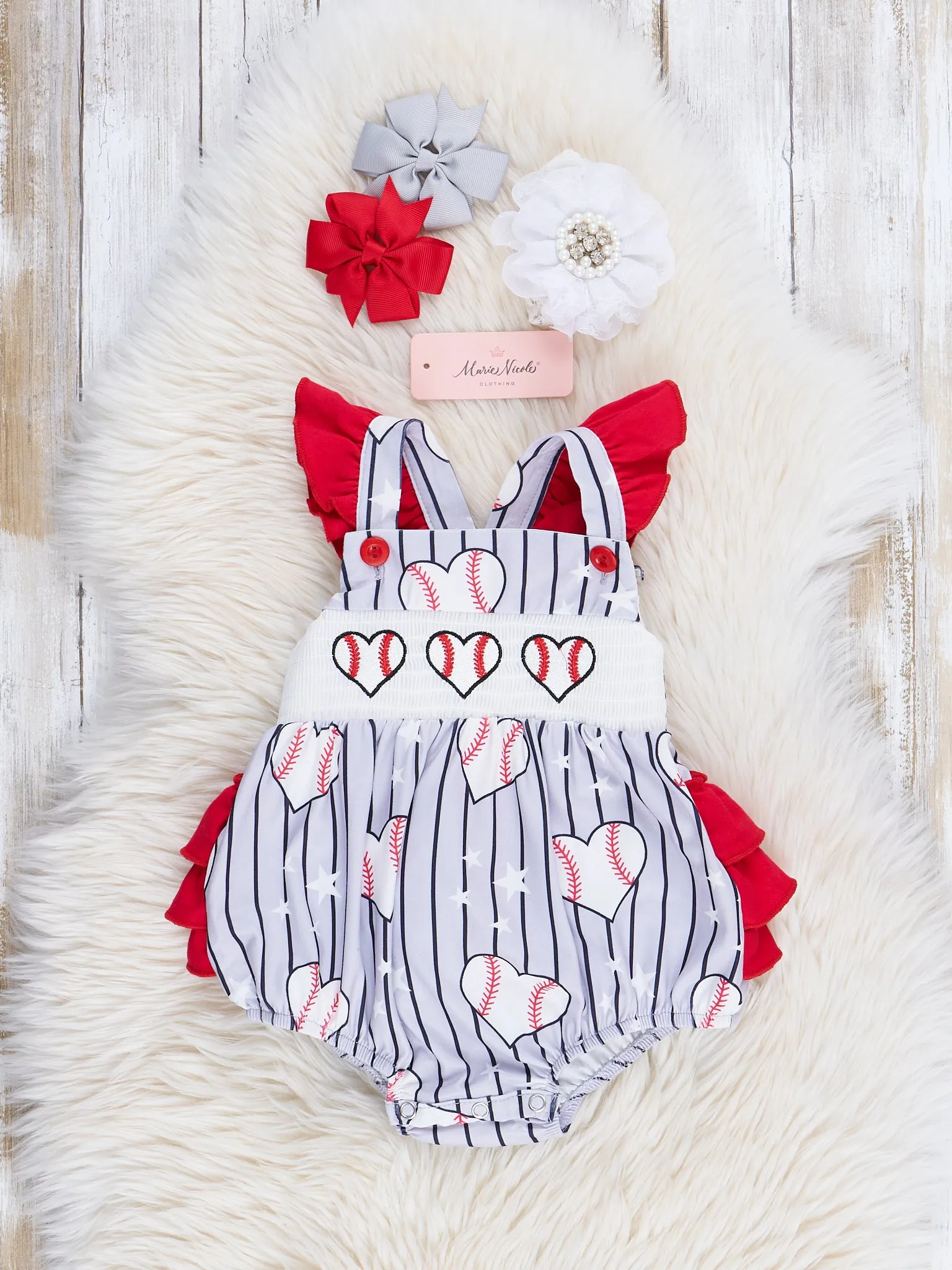 Red & Grey Stripes Smocked Baseball Ruffle Bubble