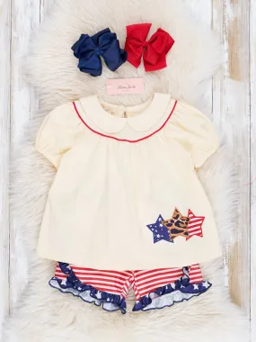 Red, White & Blue Embroidered Stars Ruffle Outfit