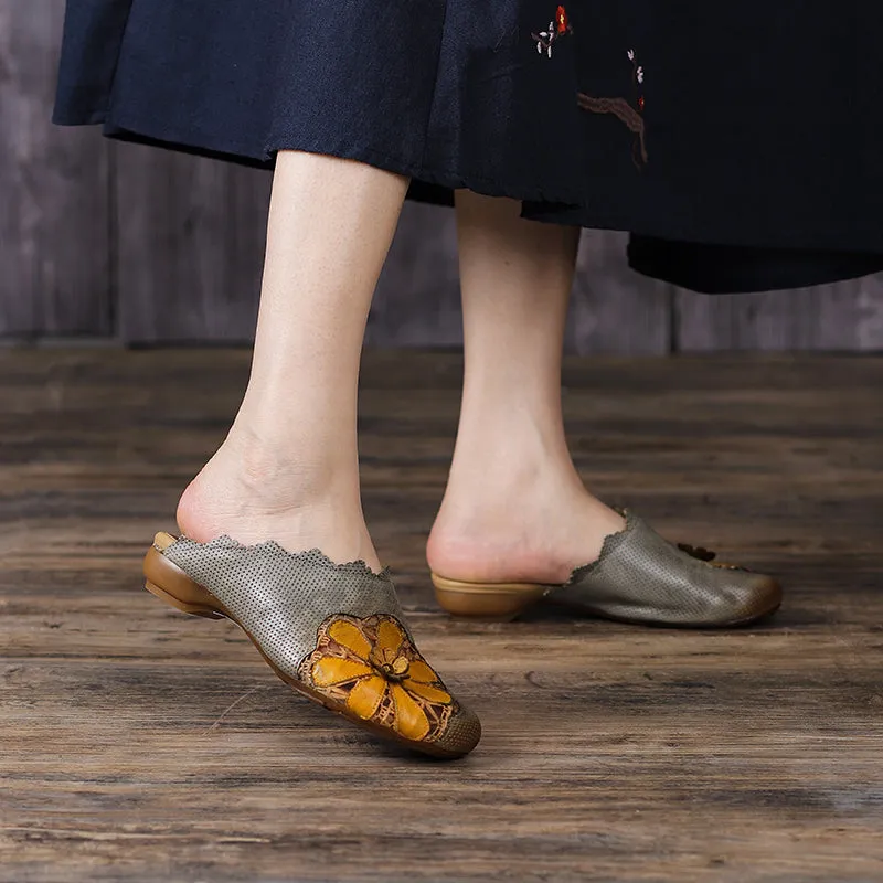 Retro Leather Slippers with Flowers in Yellow/Green