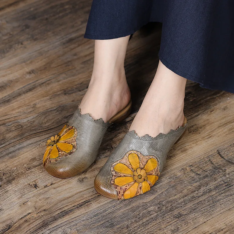 Retro Leather Slippers with Flowers in Yellow/Green