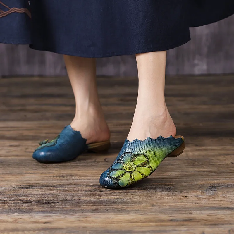 Retro Leather Slippers with Flowers in Yellow/Green