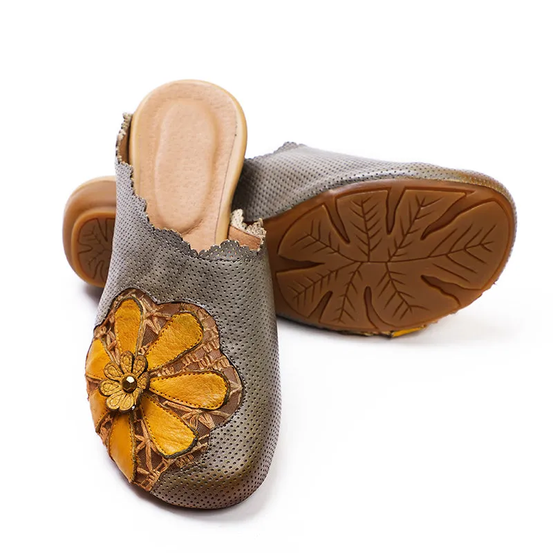 Retro Leather Slippers with Flowers in Yellow/Green