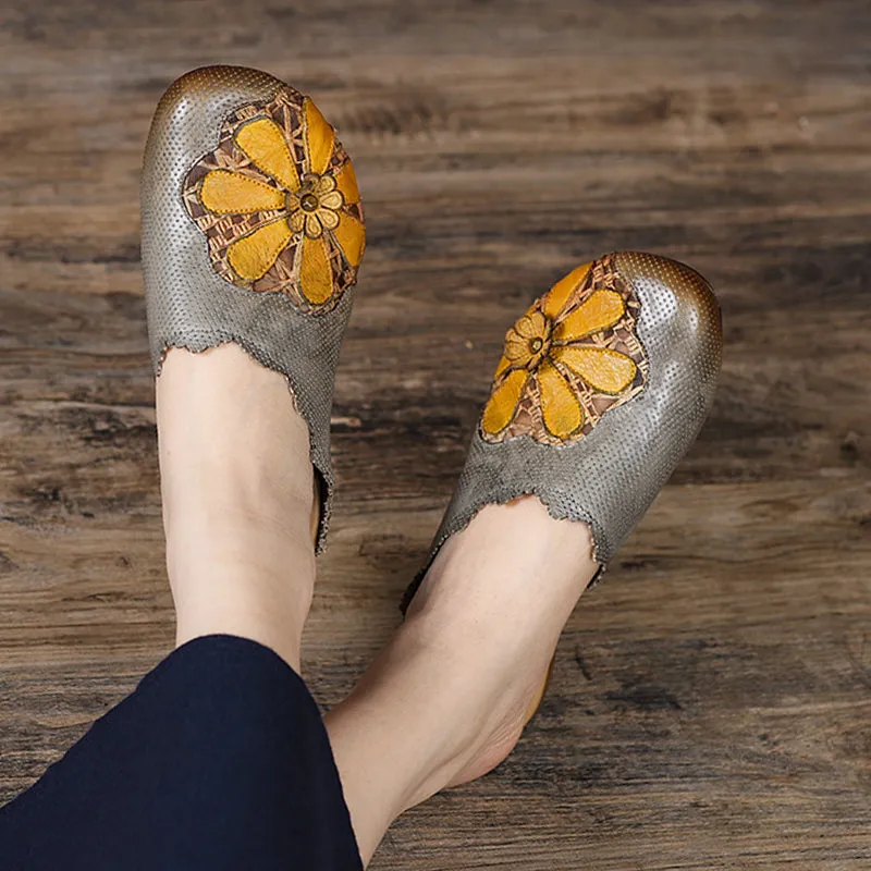 Retro Leather Slippers with Flowers in Yellow/Green