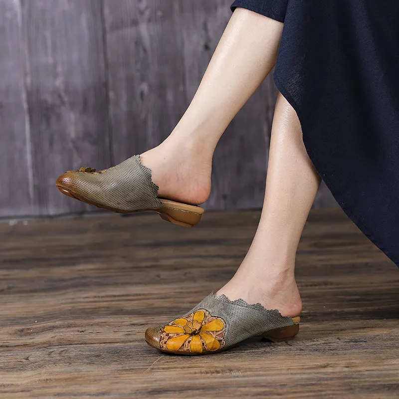 Retro Leather Slippers with Flowers in Yellow/Green