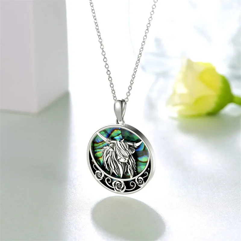 Sterling Silver Abalone Shell Highland Cow Pendant Necklace