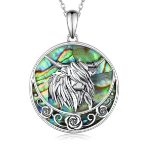 Sterling Silver Abalone Shell Highland Cow Pendant Necklace