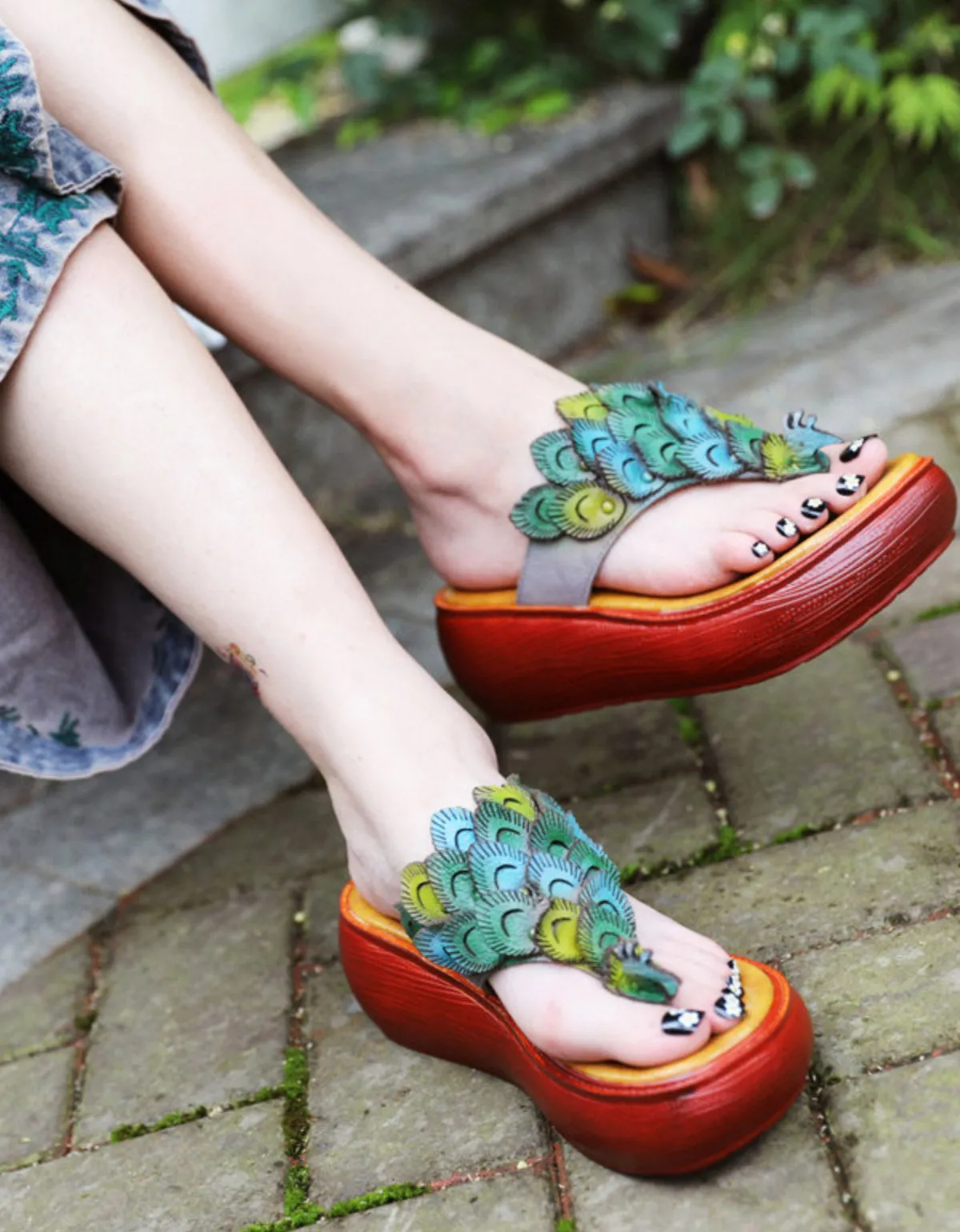 Summer Peacock Wedge Flip-flop Slippers