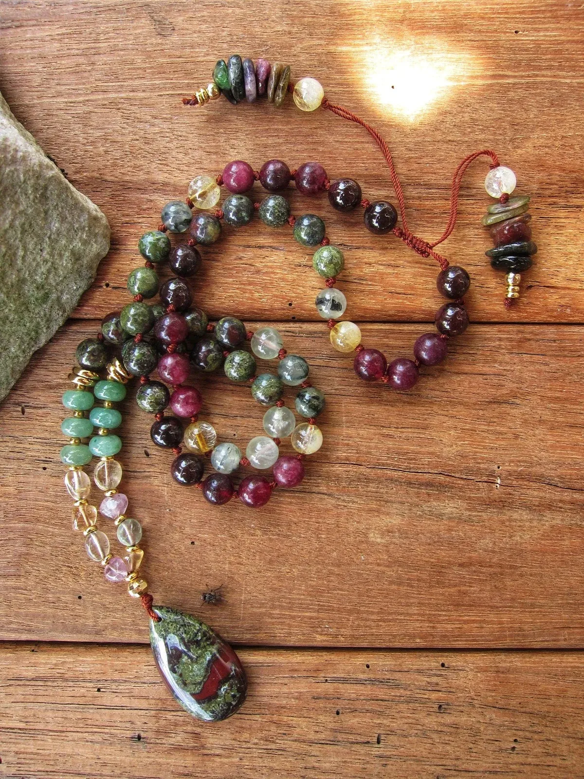 The Divine Goddess Mala Necklace in Bloodstone, Garnet, Tourmaline with matching Tear-drop Bloodstone Pendant Necklace