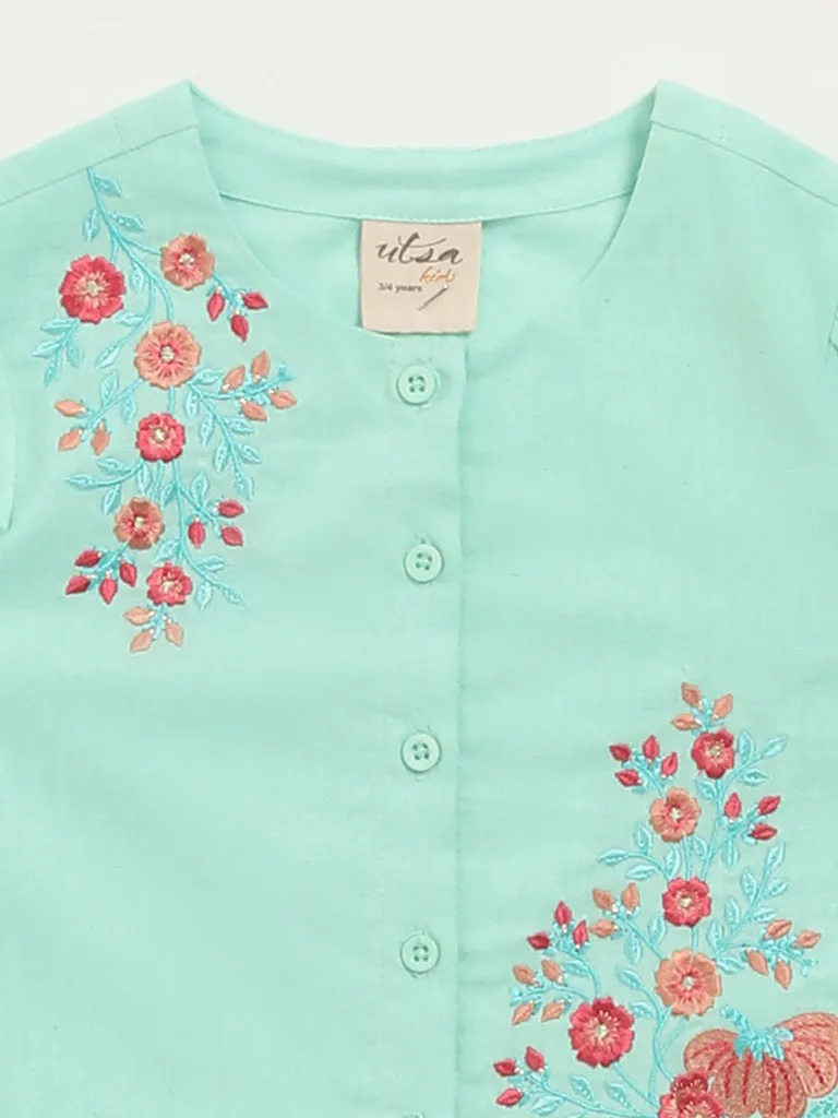 Utsa Kids Blue Button-Up Floral Cotton Blend Top - (2 -8yrs)