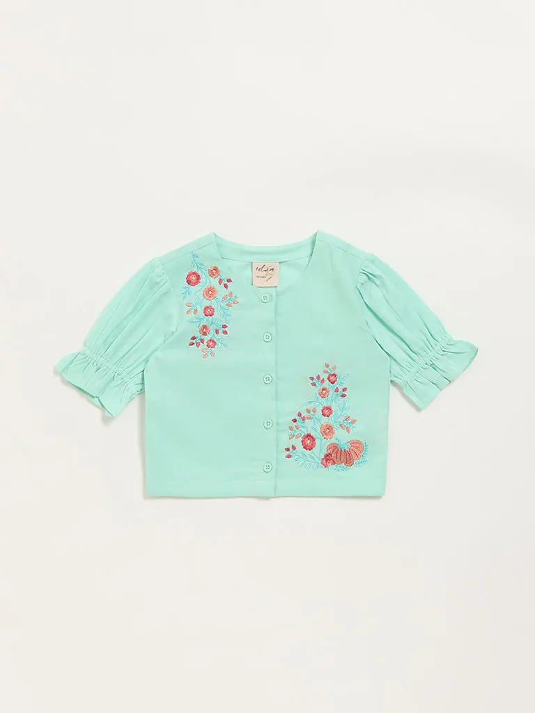 Utsa Kids Blue Button-Up Floral Cotton Blend Top - (2 -8yrs)