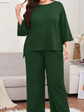 Women's Plus Size Three Quarter Sleeve Ribbed Loungewear Set